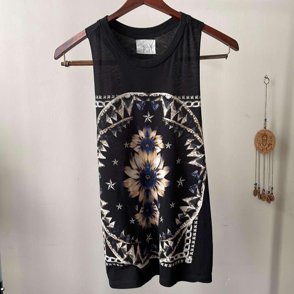 Idlewild Black Boho Floral Graphic Muscle Racerback Raw Edge Tank- Size Small